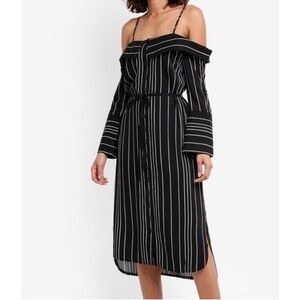 Bardot Effie‎ Off Shoulder Pinstripe Button Front Shirt Dress Black White